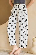 Polka Dot Print Bow Detail Pocketed Loose Jeans | White & Sky Blue