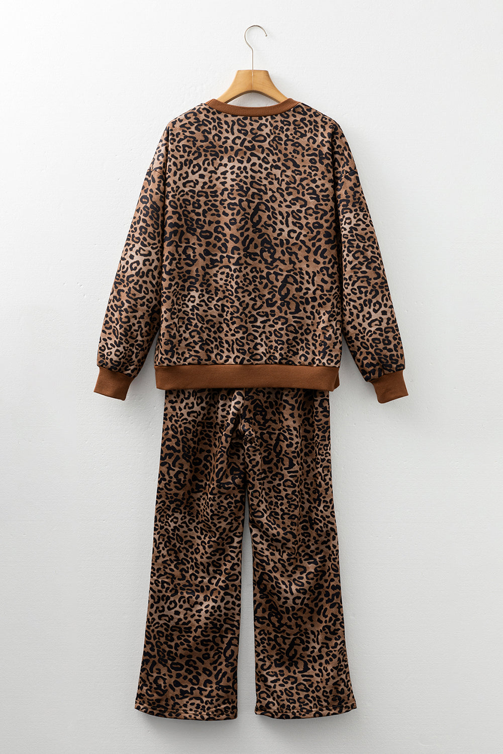 Coffee Leopard Print Contrast Trim Long Sleeve Top & Pants Set | UK 8–22