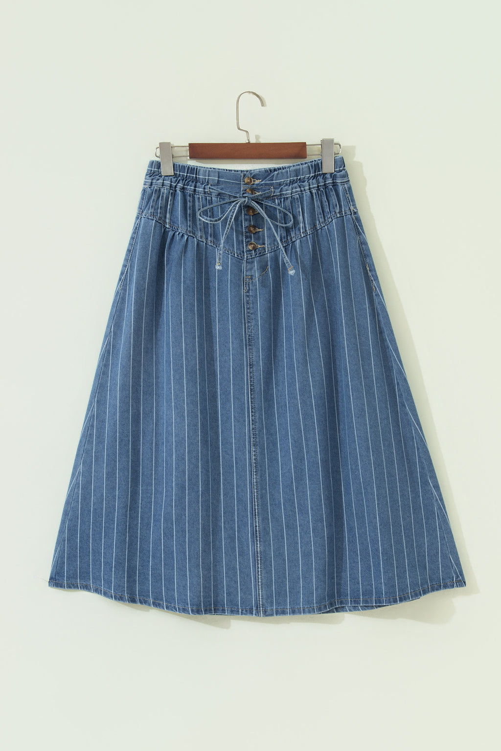 Sky Blue Stripe Pintuck High Waist Drawstring Denim Midi Skirt