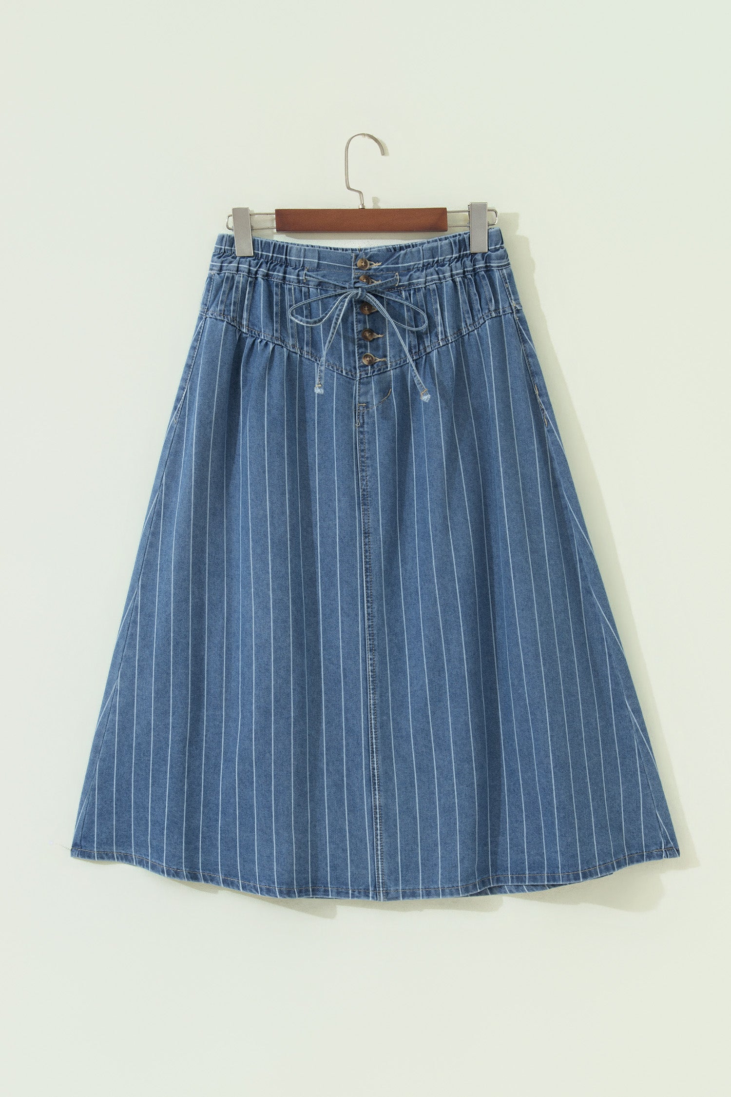 Sky Blue Stripe Pintuck High Waist Drawstring Denim Midi Skirt