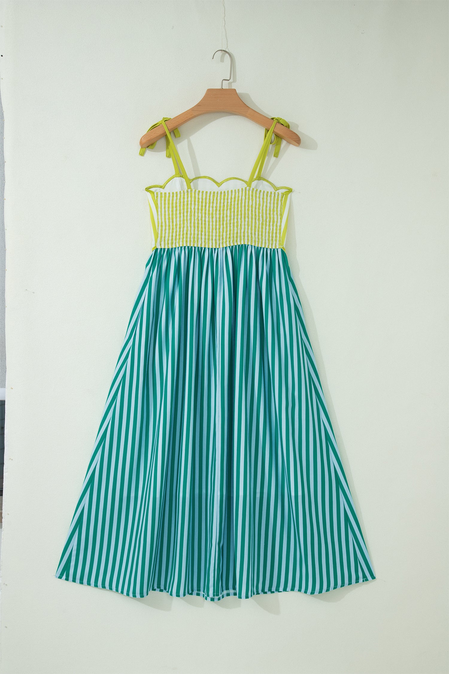 Green Stripe Scalloped Contrast Patchwork Knot Strap Midi Dress | UK 8–18