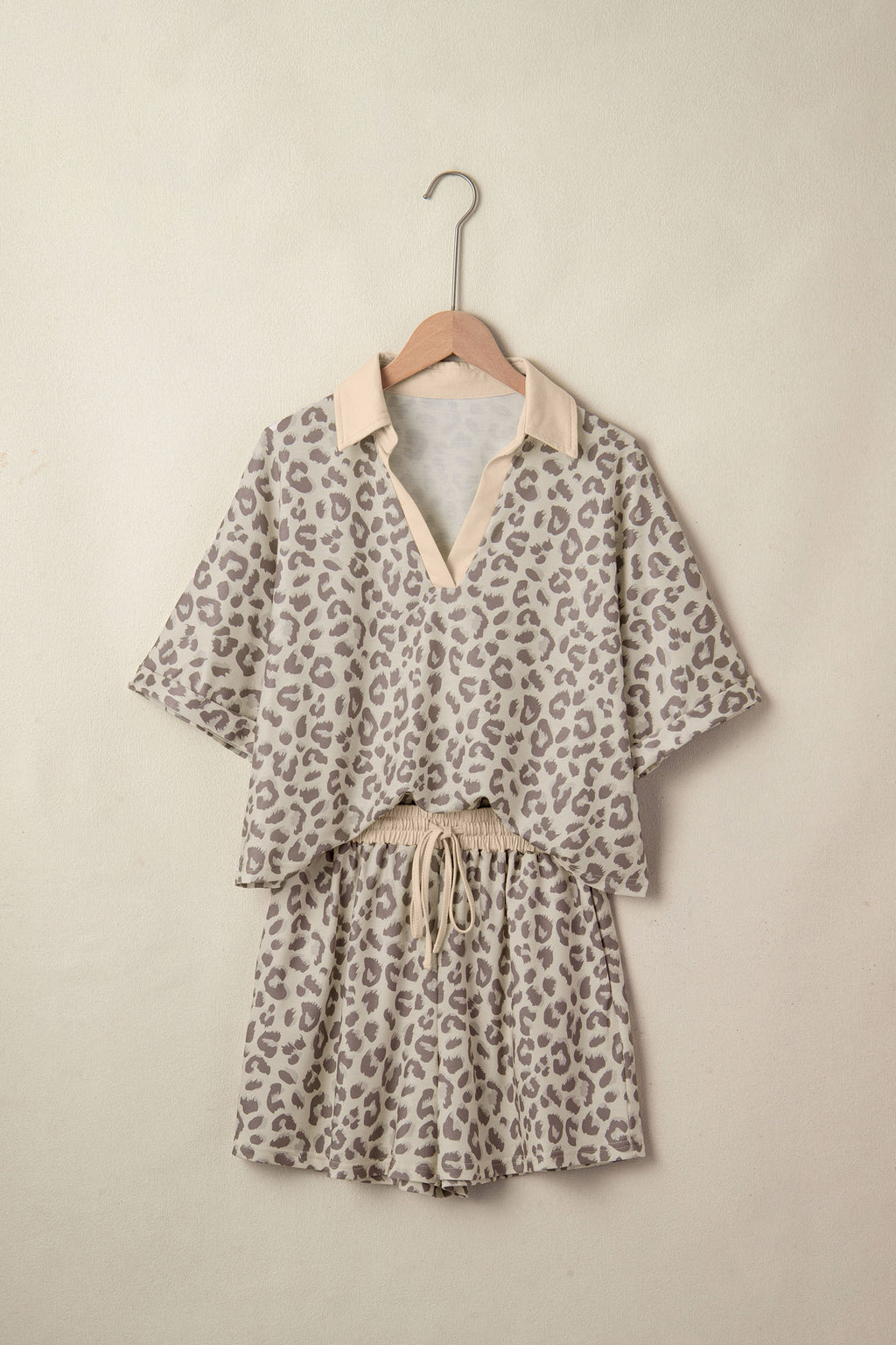 Leopard Print V-Neck Collar 2pcs Short Set | Rose, Khaki & Brown