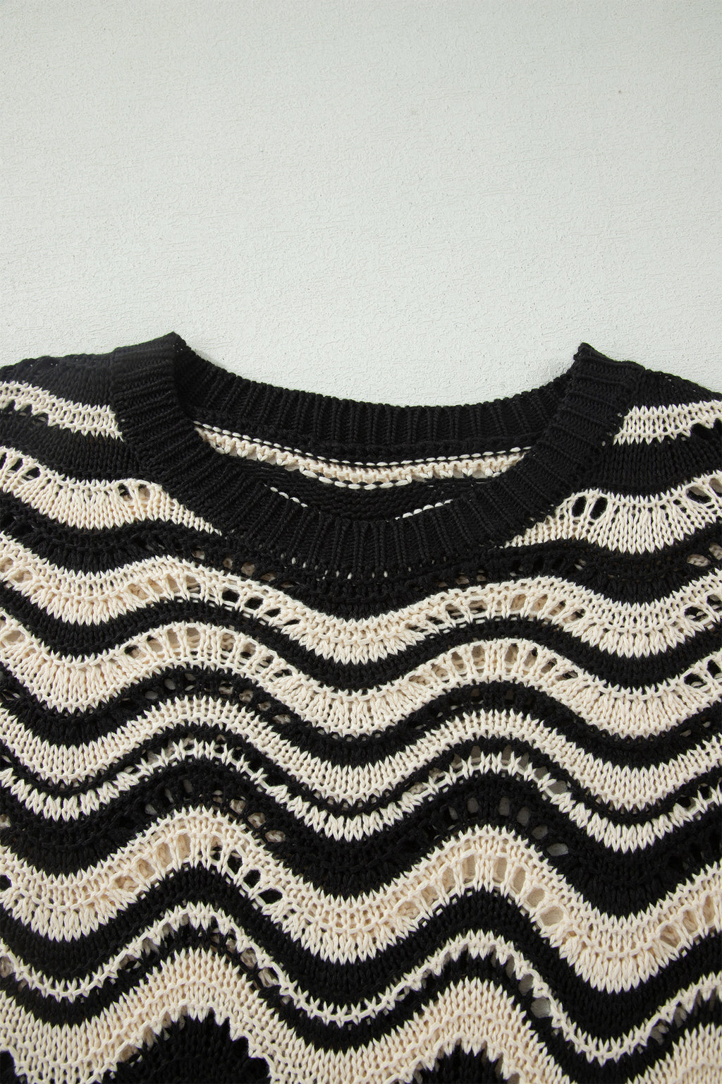 Shop Black Stripe Wavy Crochet Eyelet Detail Ruffle Half Sleeve Sweater at LivelyLooks