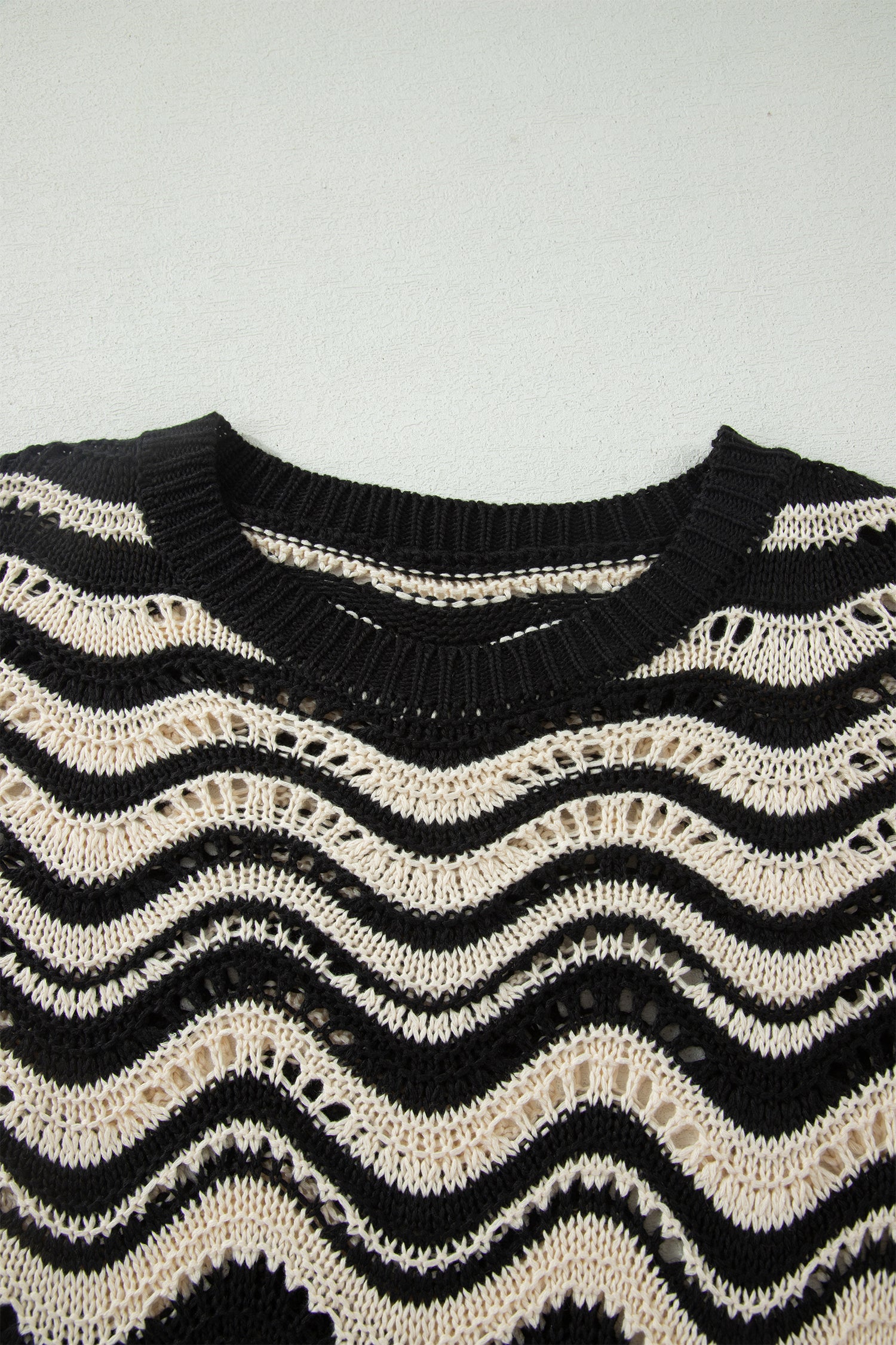Shop Black Stripe Wavy Crochet Eyelet Detail Ruffle Half Sleeve Sweater at LivelyLooks