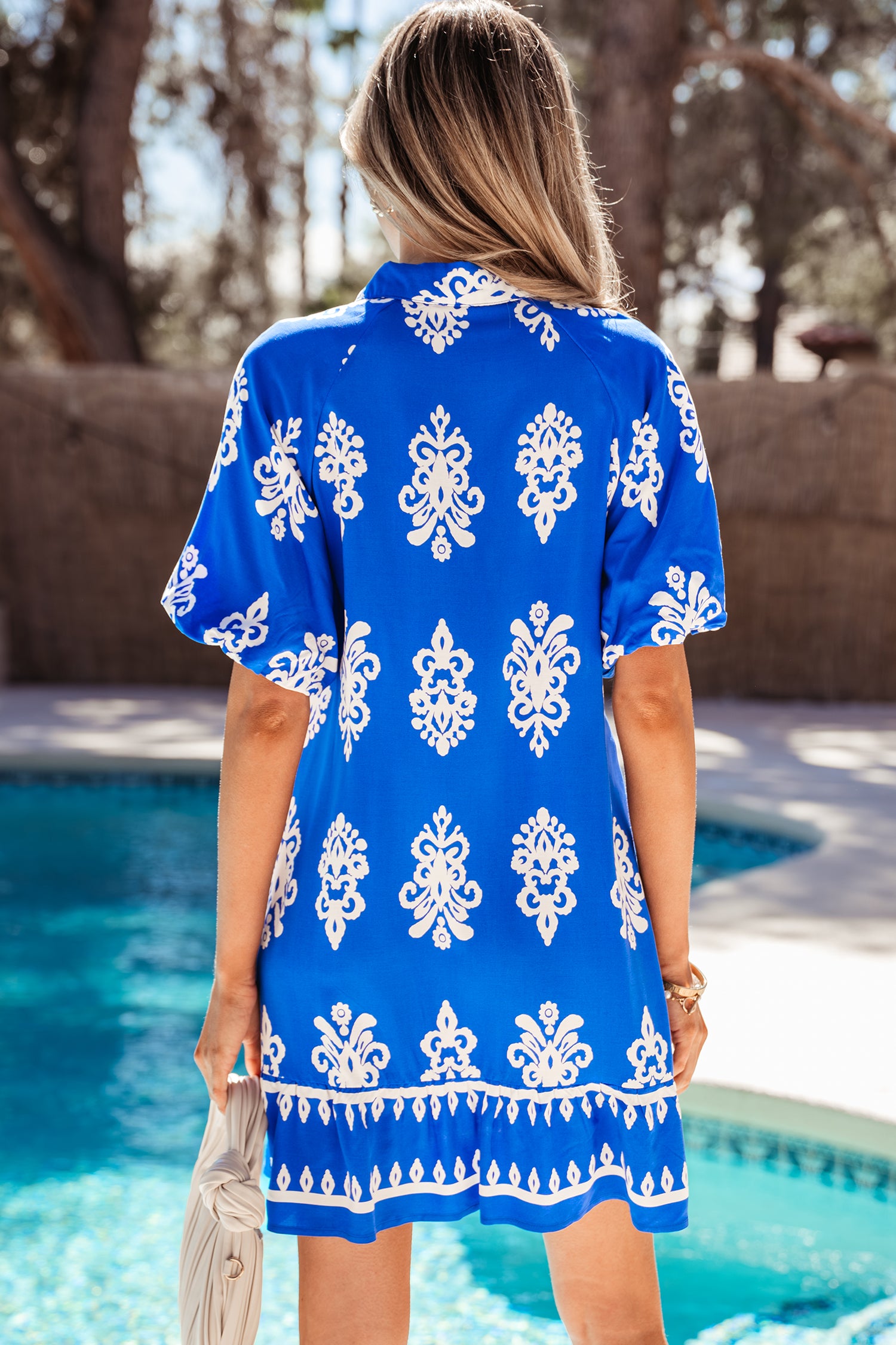 Blue Ethnic Geometric Print Collared Button Front Puff Sleeve Mini Dress S-XL