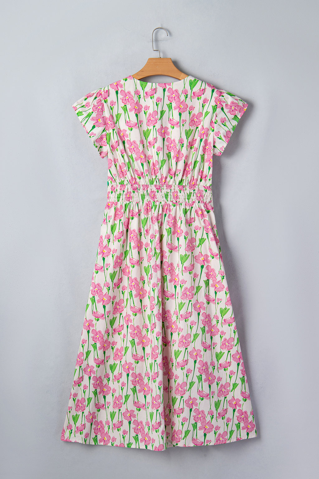 LivelyLooks Pink Floral Contrast Trim V-Neck Short Sleeve Elegant Midi Dress women's fashion
