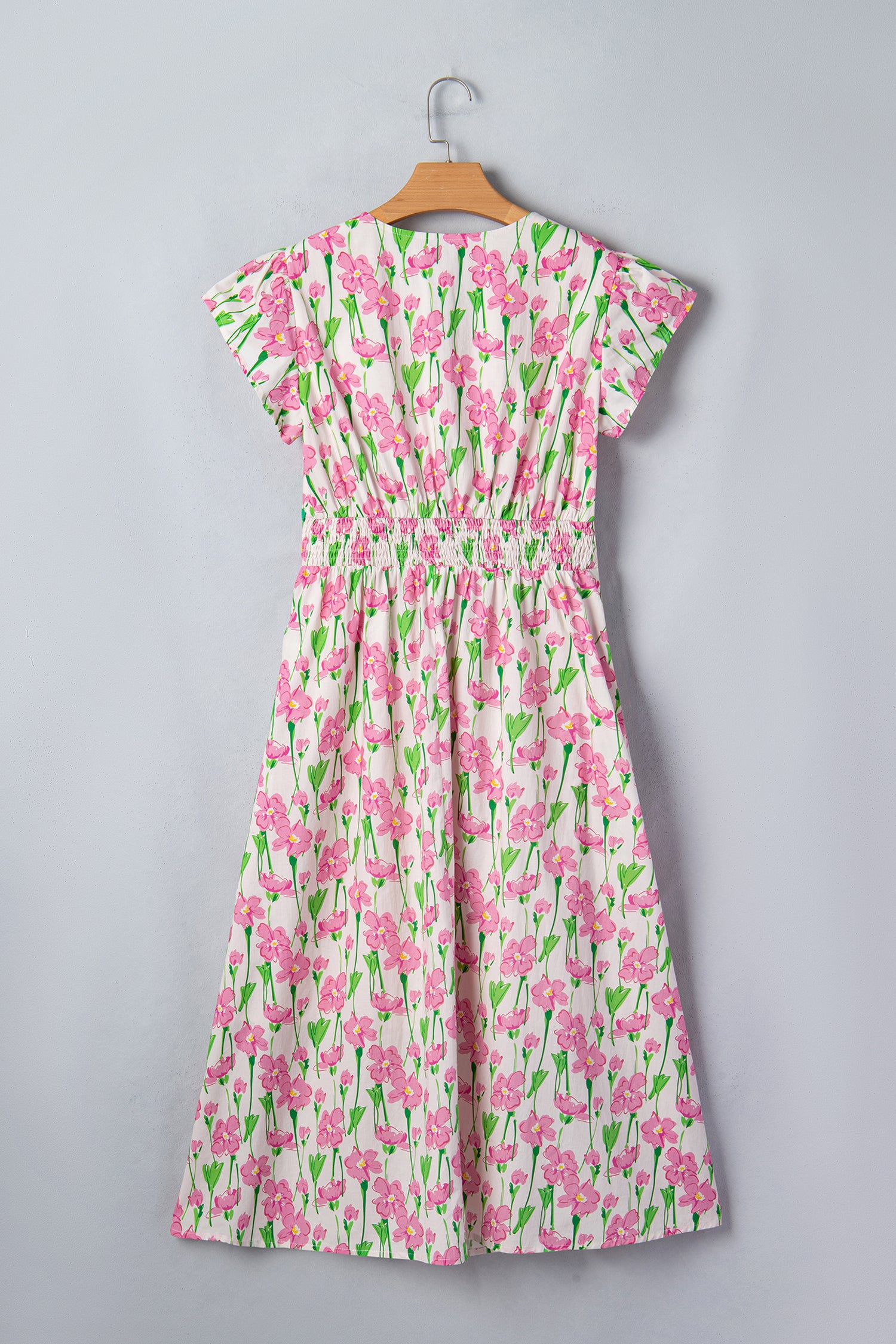 LivelyLooks Pink Floral Contrast Trim V-Neck Short Sleeve Elegant Midi Dress women's fashion