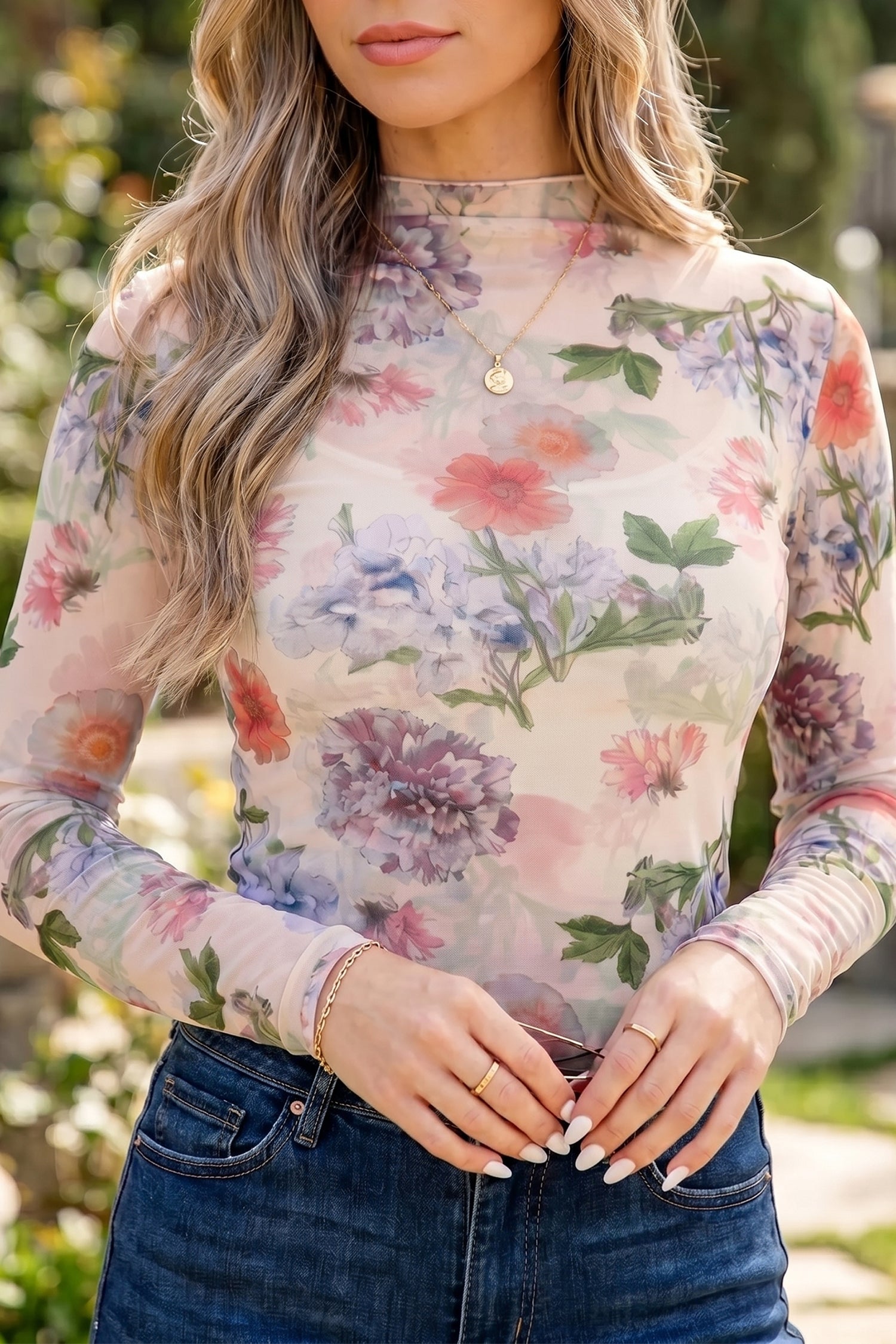 Floral Mock Neck Thumbhole Long Sleeve Sheer Top – Apricot