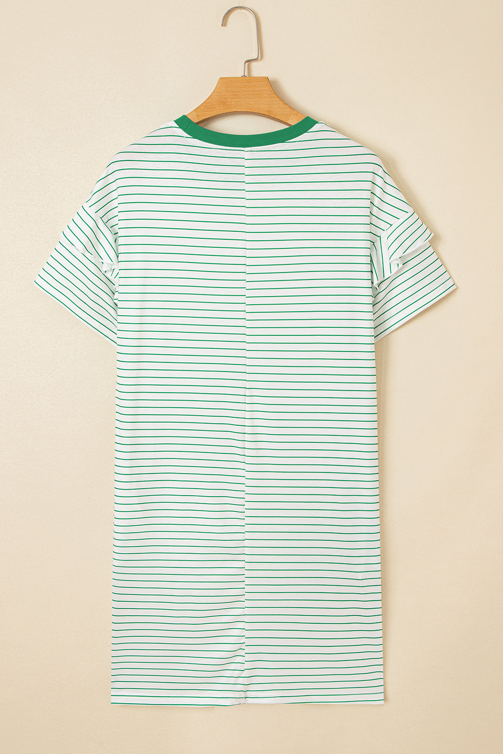 Women's Green Stripe Ruffled Short Sleeve Crew Neck Shift Mini Dress at LivelyLooks
