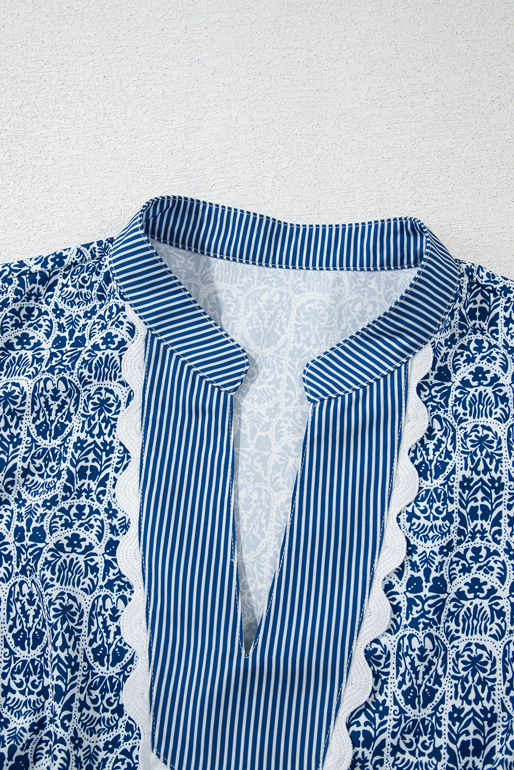 Blue Floral Striped Contrast Ric-Rac Trim Puff Sleeve Top