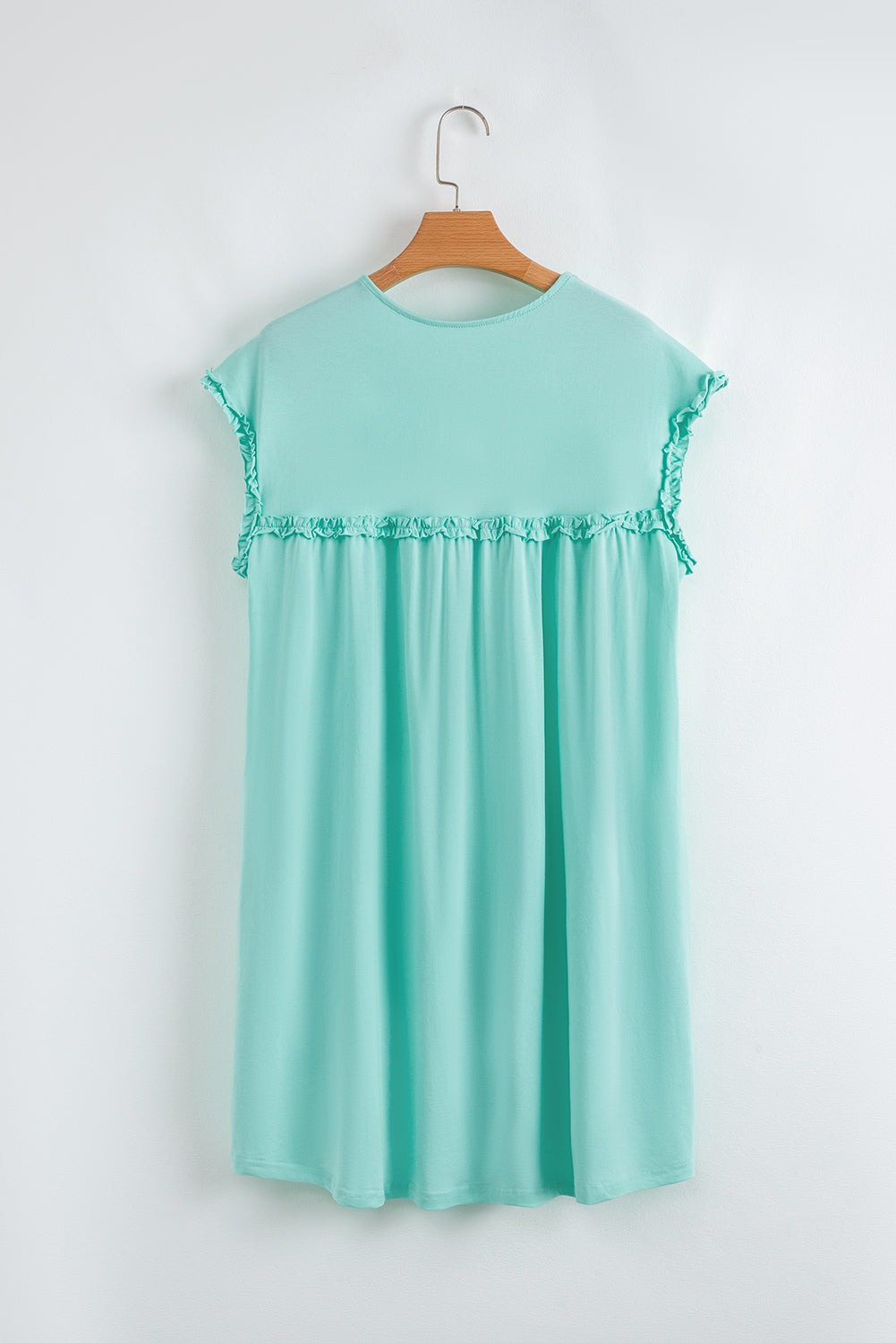 Beige & Mint Green Frilled Trim Crew Neck Loose Mini Dress S-XL