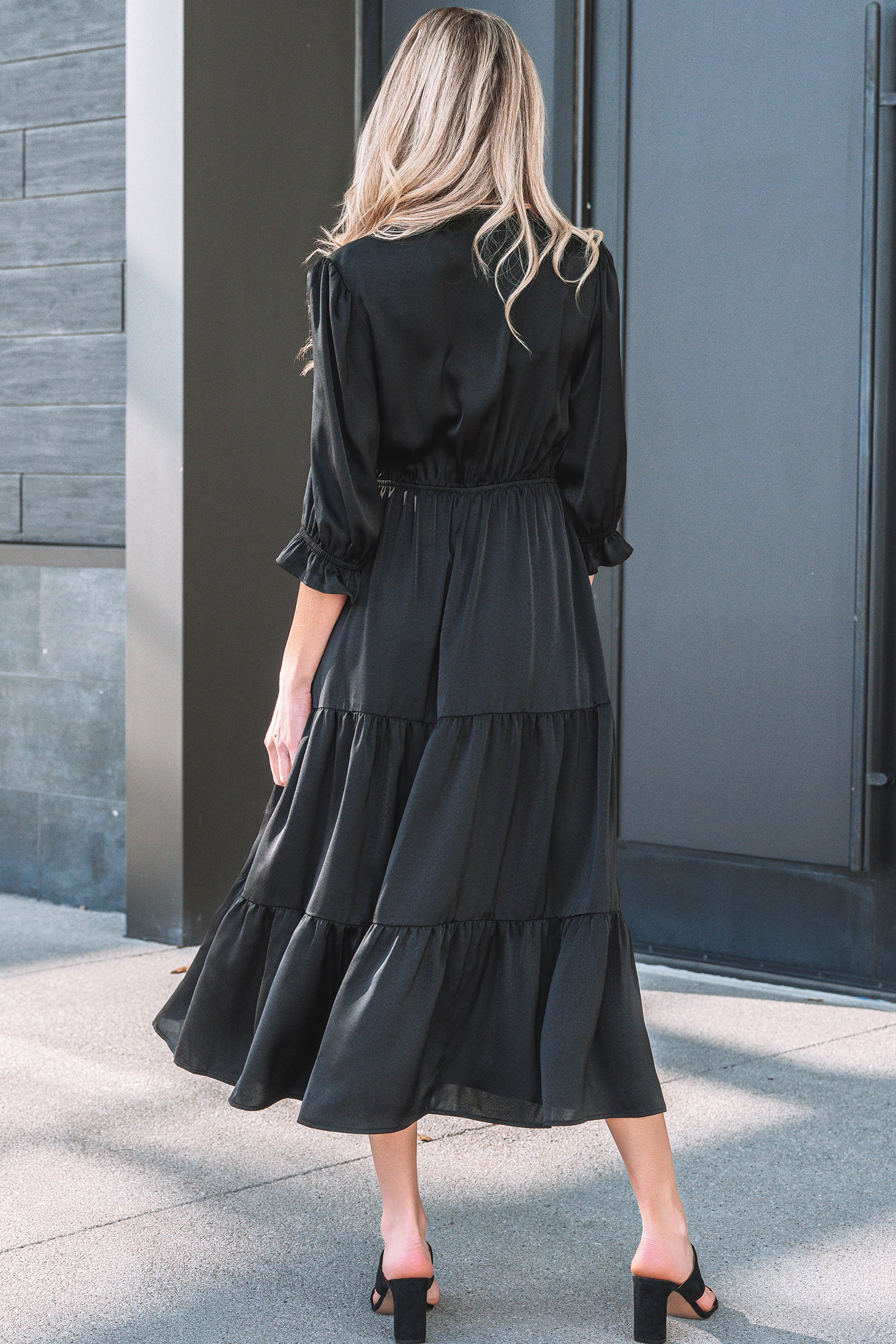 Black Tiered Maxi Dress Flounced Bracelet Sleeve V Neck Women S-XL