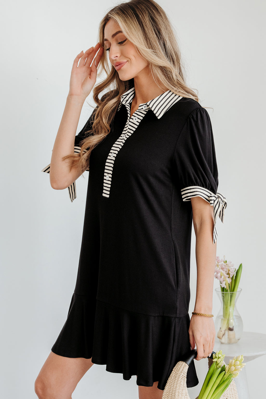 Black Stripe Polo Collar Half Button Tied Short Sleeve Mini Dress S-XL