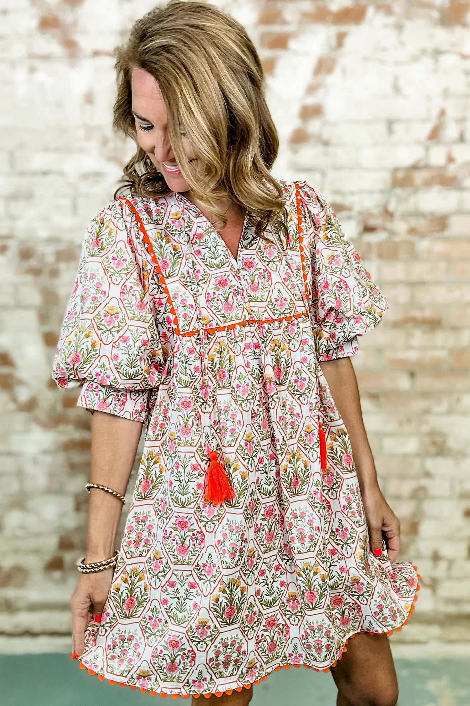 Pink Floral Print Tassel Tie V Neck Scalloped Mini Dress | UK 8–22