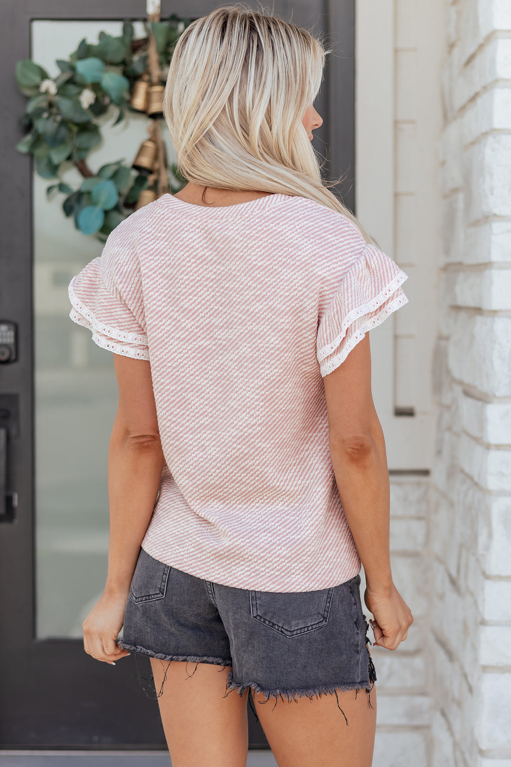 Women's Clearly Aqua Twilled Print Lace Trim Ruffled Short Sleeve Blouse at LivelyLooks