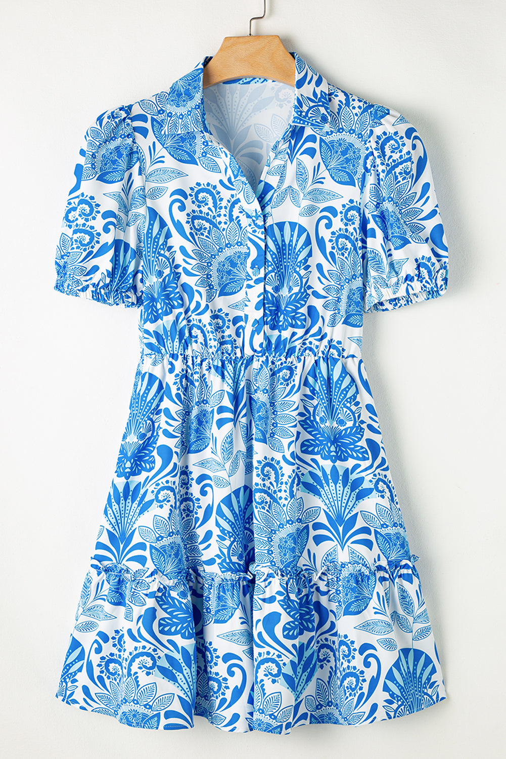 Women's Sky Blue Retro Floral Print Drawstring Waist Ruffled Mini Dress at LivelyLooks