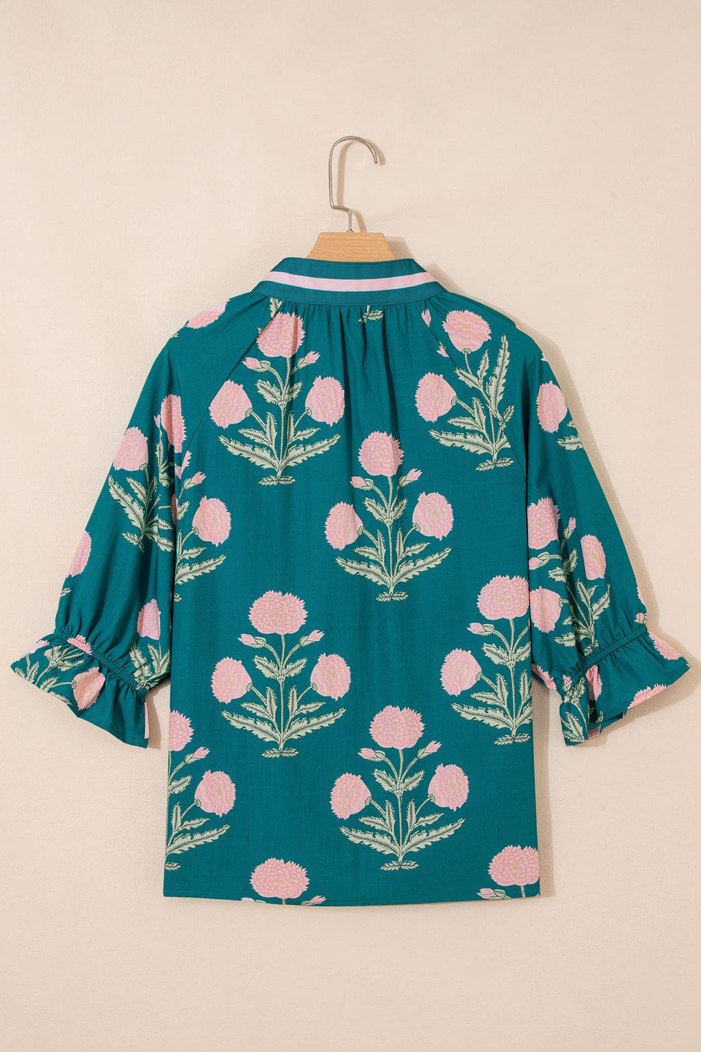 Wild Flower Print Blouse V Neck 3/4 Sleeve Green Pink Sky Blue Women S-XL
