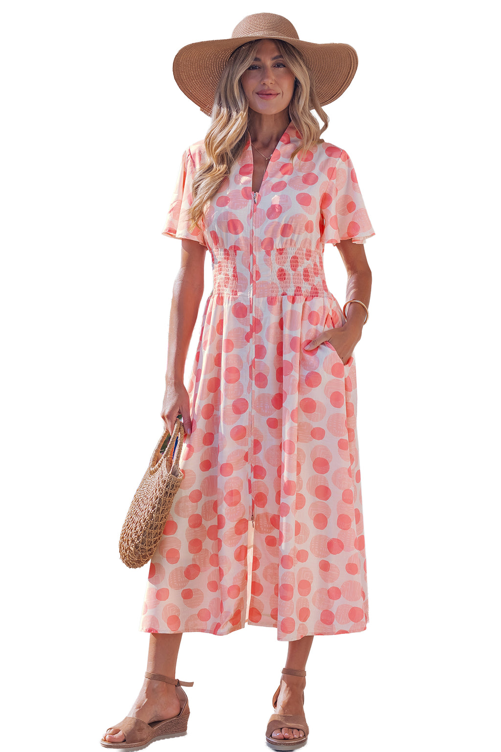Women's Pink Polka Dot Ruffle Short Sleeve Zip-Up Maxi Dress at LivelyLooks