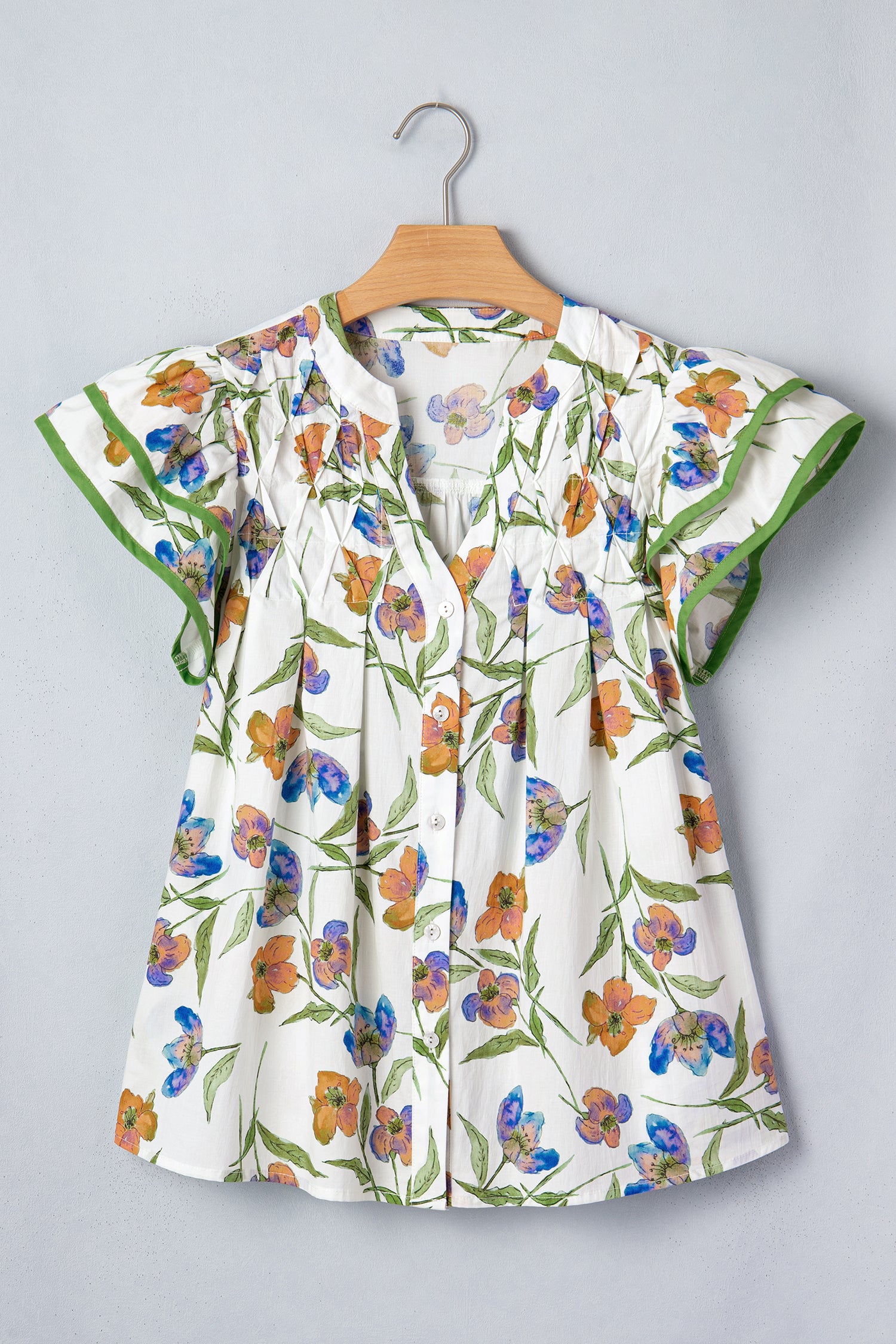 Women's Green Floral Ruffle V-Neck Pressed Pleats Cotton Blouse at LivelyLooks