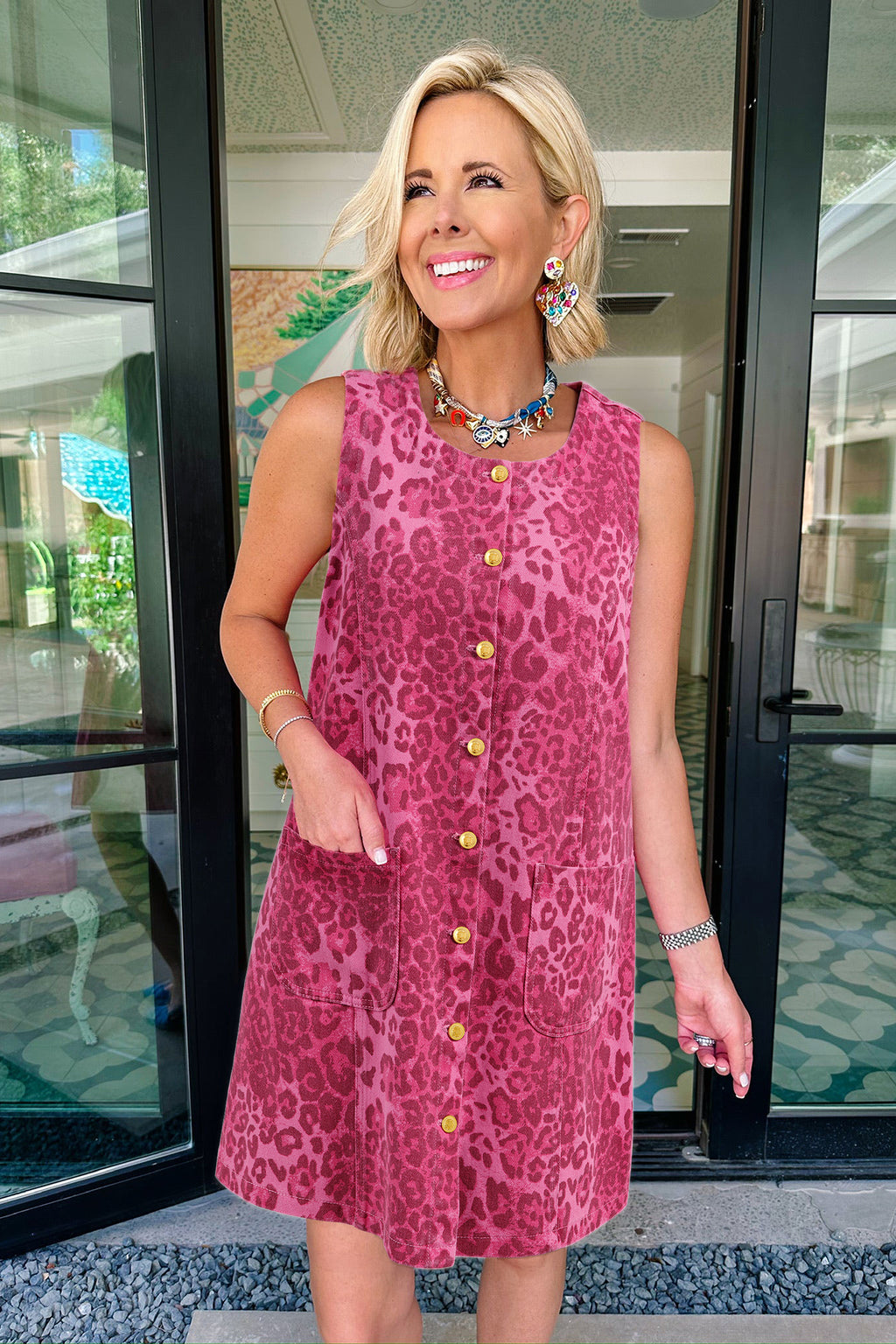 Women's Pink Leopard Denim Buttoned Shift Sleeveless Dress at LivelyLooks