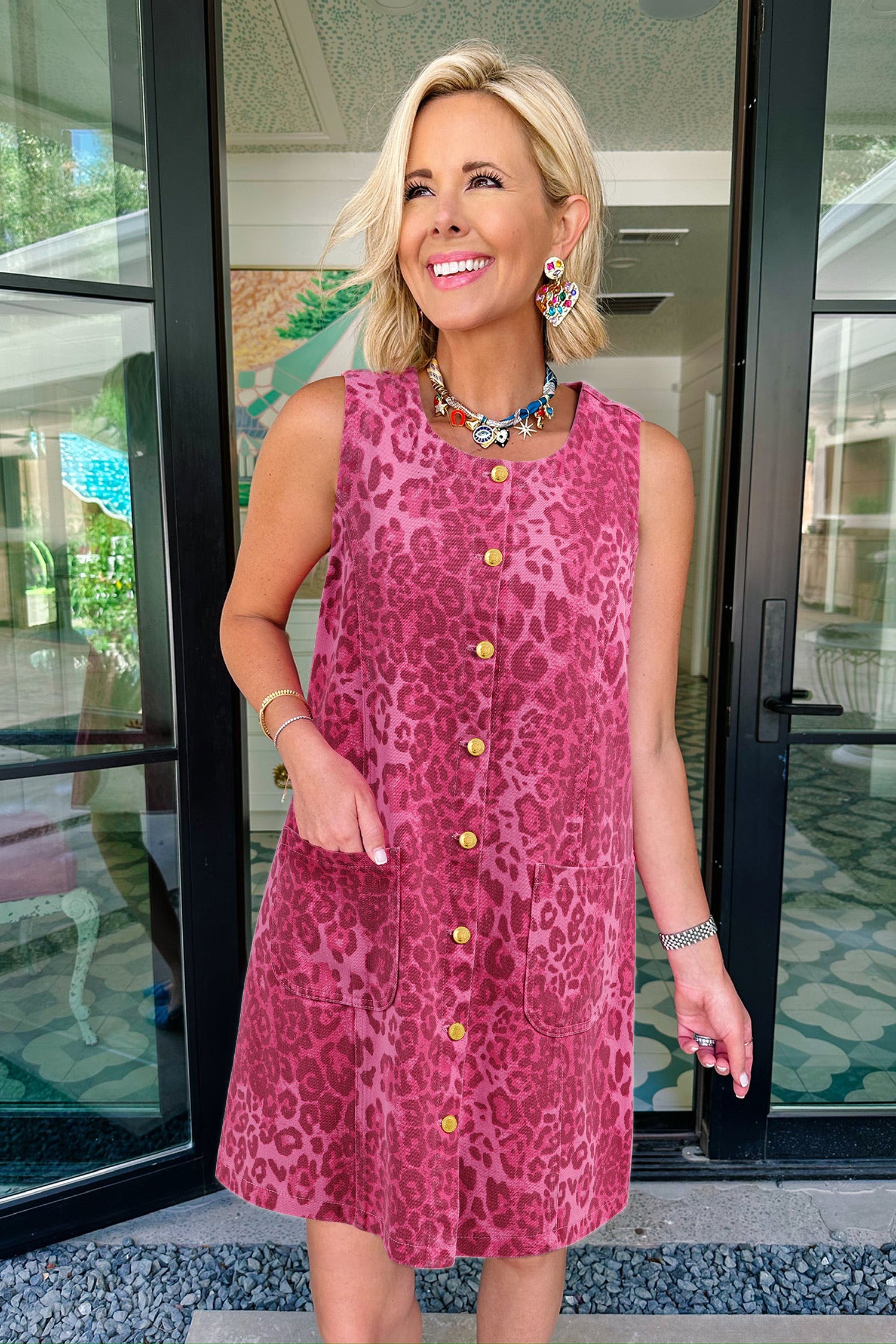 Women's Pink Leopard Denim Buttoned Shift Sleeveless Dress at LivelyLooks