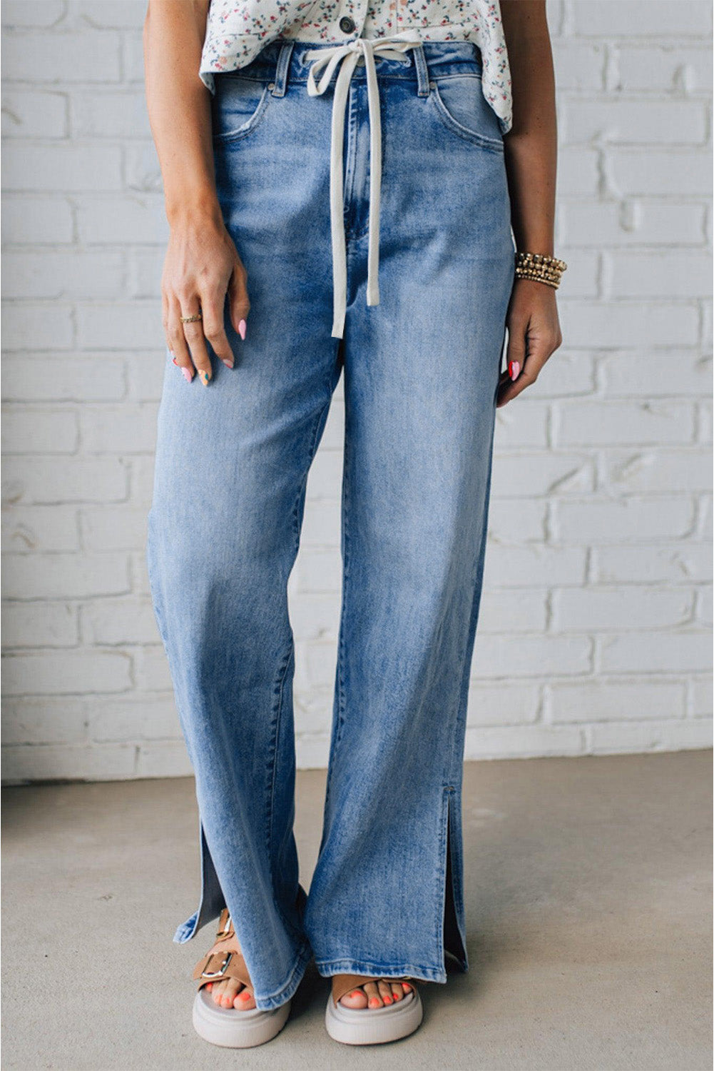 Shop Myosotis Slit Leg High Rise Drawstring Casual Jeans at LivelyLooks