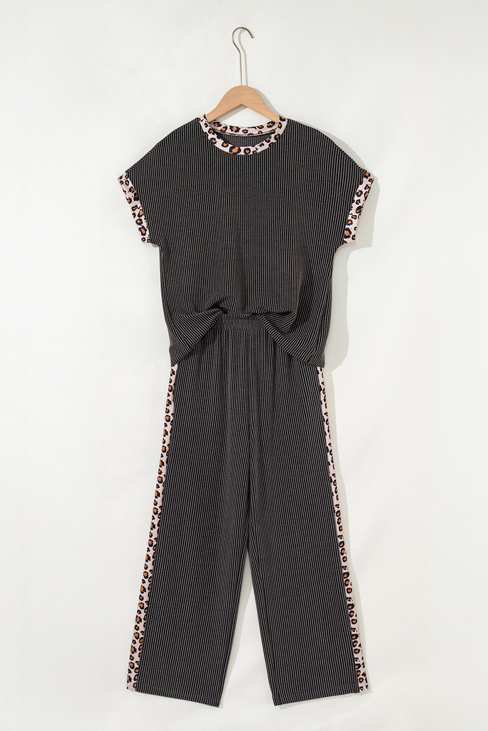 Carbon Grey Leopard Patchwork Twisted Rib T-Shirt & Cropped Pants Set | UK 8–22