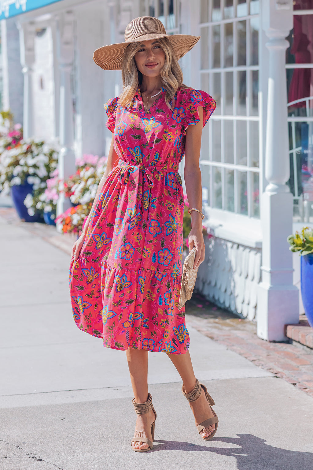 Women's Rose Flutter Sleeve Belted Floral Maxi Dress at LivelyLooks