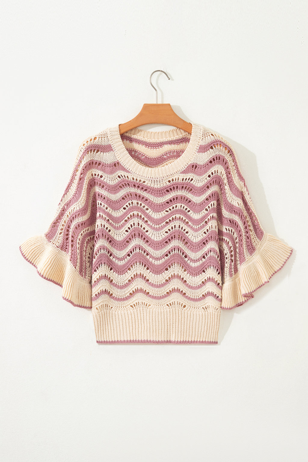 Shop Black Stripe Wavy Crochet Eyelet Detail Ruffle Half Sleeve Sweater at LivelyLooks