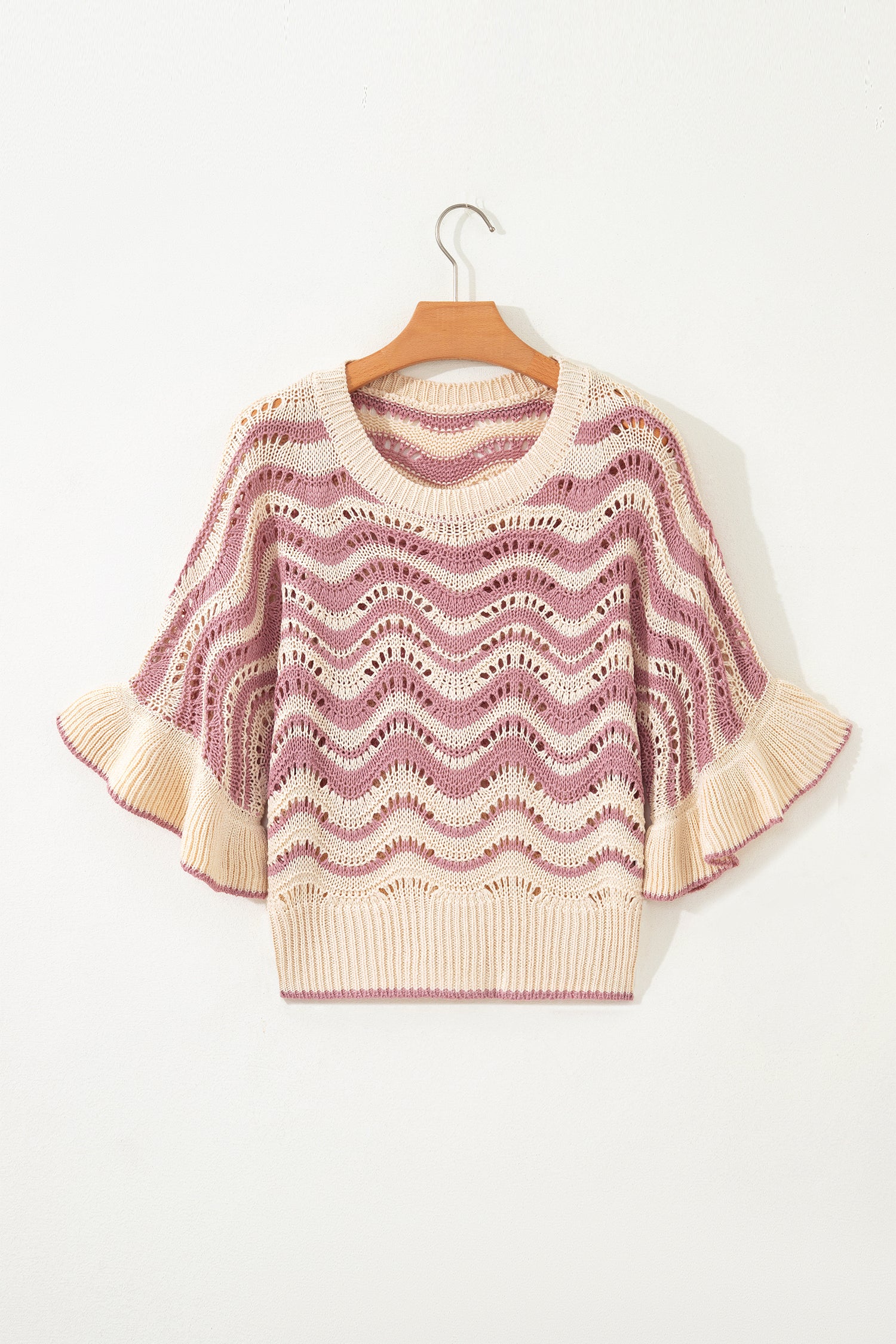 Shop Black Stripe Wavy Crochet Eyelet Detail Ruffle Half Sleeve Sweater at LivelyLooks