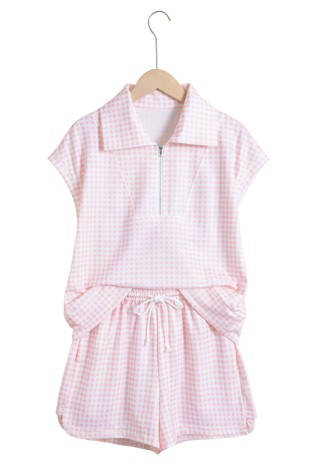 Pink Plaid Two Piece Short Set Zip Neck Sleeveless Top Elastic Waist Shorts S-XL