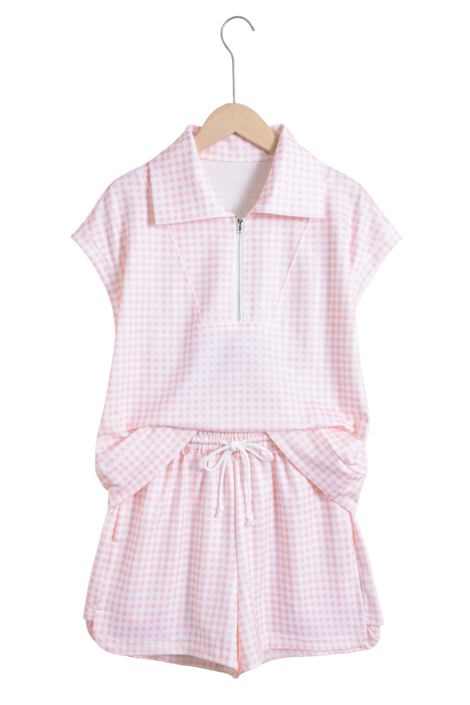 Pink Plaid Two Piece Short Set Zip Neck Sleeveless Top Elastic Waist Shorts S-XL