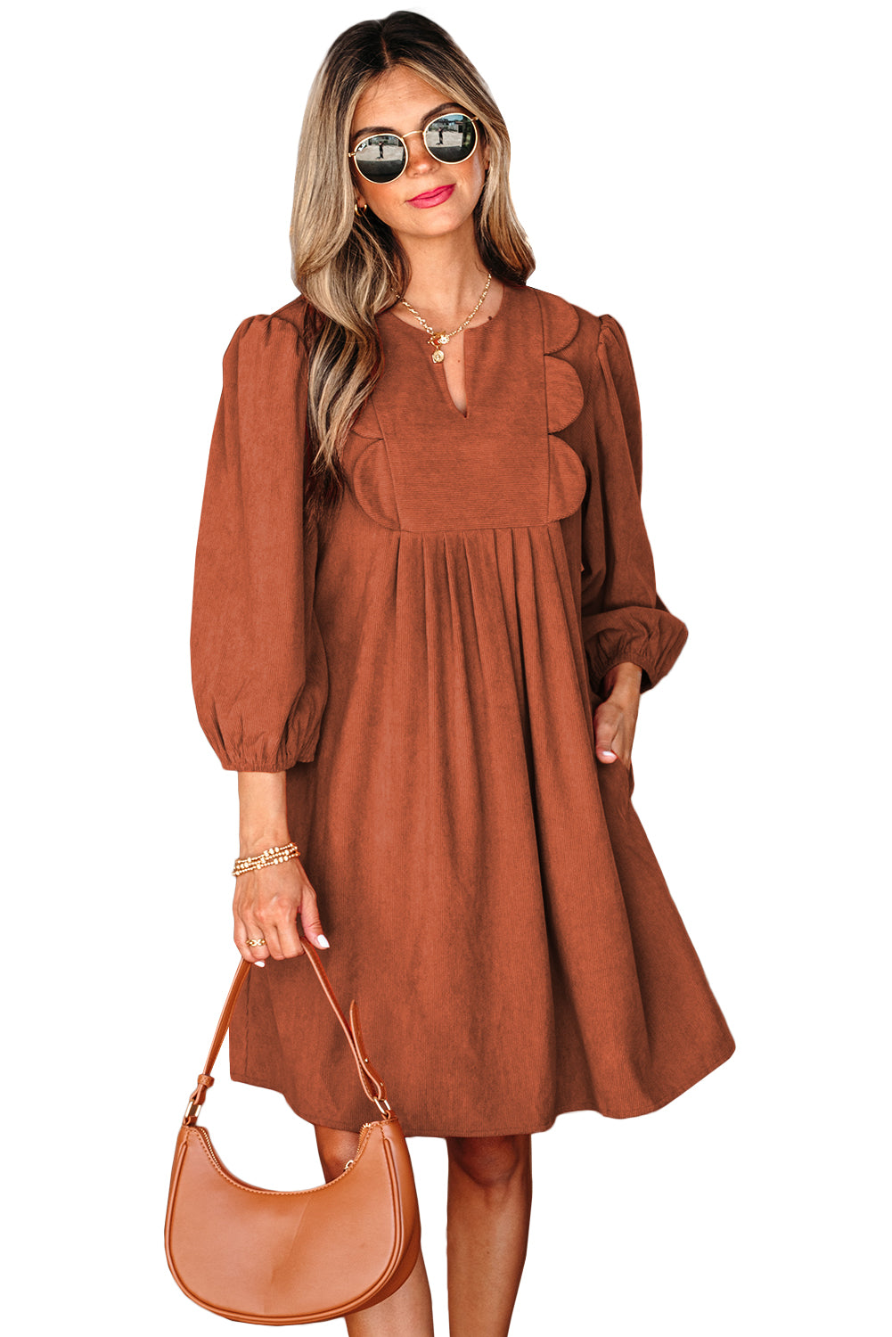 Corduroy Mini Dress Scallop Detail Split Neck Bracelet Sleeve Moss Green Cinnamon S-XL