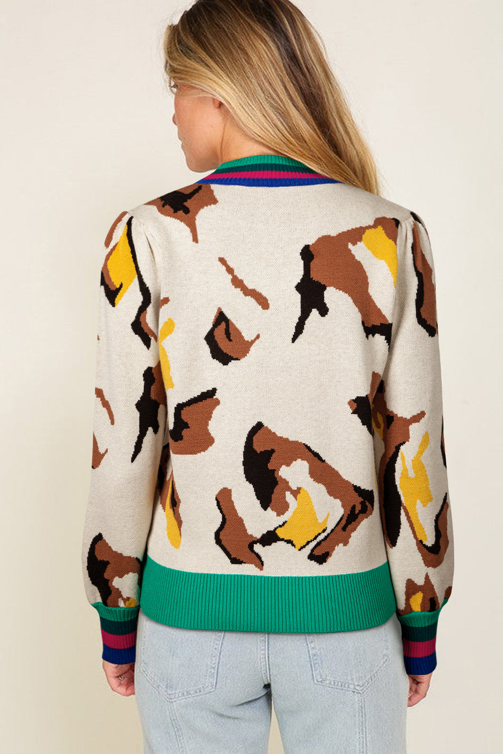 Women's Apricot Contrast Ribbed Stripes Detail Animal Pattern Knit Sweater at LivelyLooks