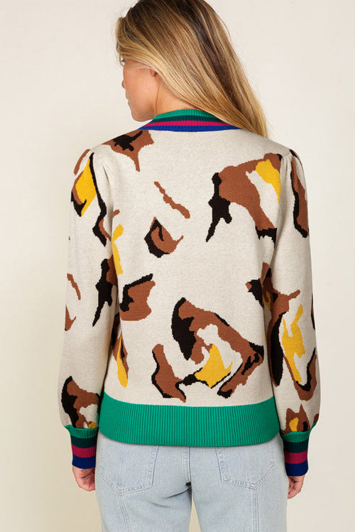 Women's Apricot Contrast Ribbed Stripes Detail Animal Pattern Knit Sweater at LivelyLooks