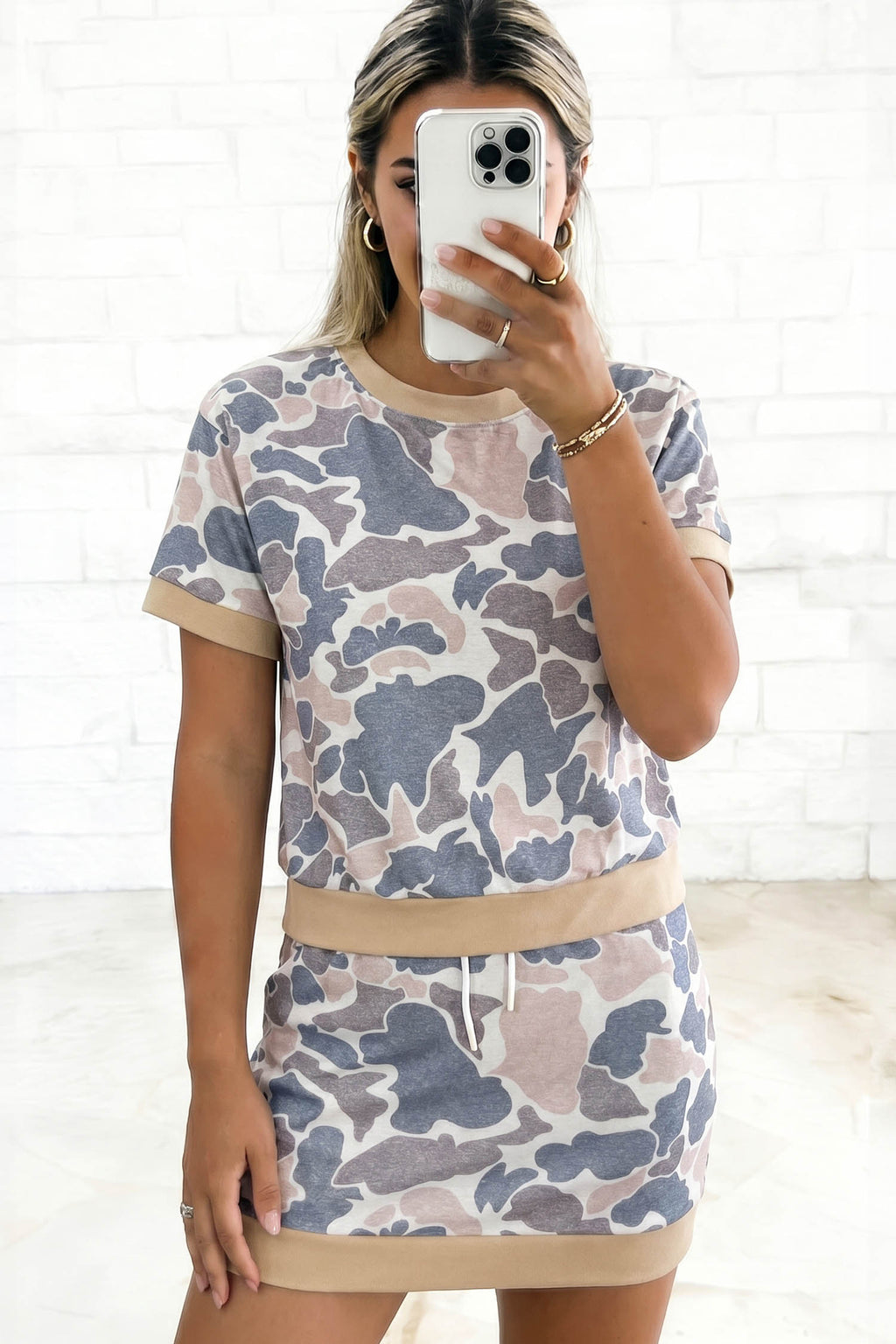 Retro Camo Colour Block Ribbed Trim Top & Skort Set – Multicolour