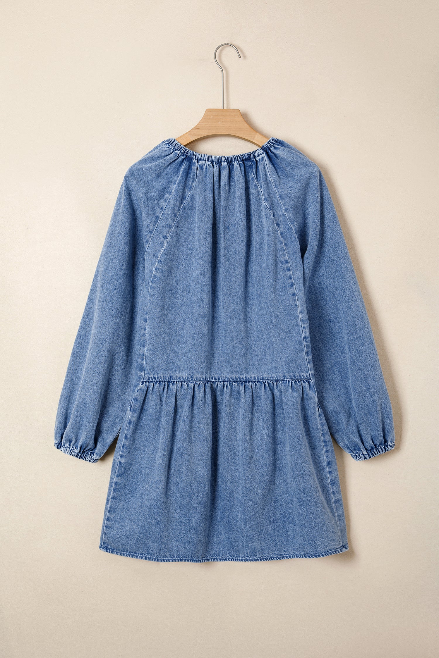 LivelyLooks Blue Denim Puff Sleeve V-Neck Ruffled Mini Dress women's fashion