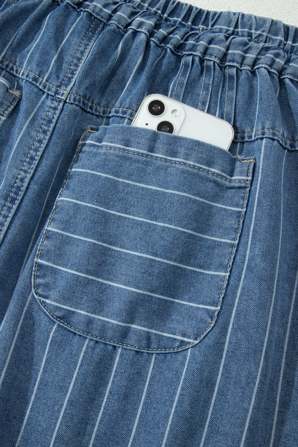 Sky Blue Stripe Pintuck High Waist Drawstring Denim Midi Skirt