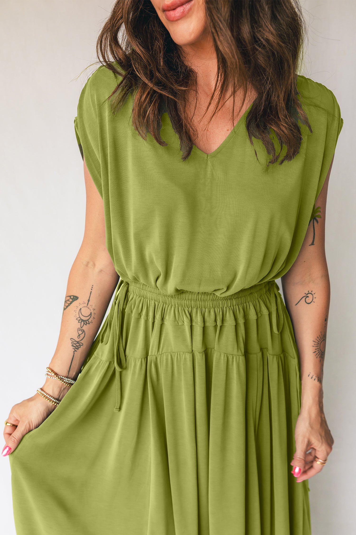 Fern Green V Neck Cap Sleeve Elastic Waist Tunic Maxi Dress S-XL