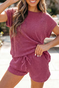 Women's Ribbed Loose Tee & Drawstring Shorts Co-ord Set Two Piece Summer Loungewear at LivelyLooks