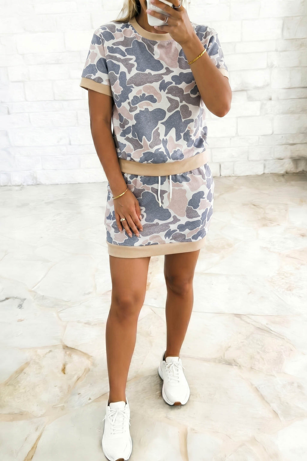 Retro Camo Colour Block Ribbed Trim Top & Skort Set – Multicolour