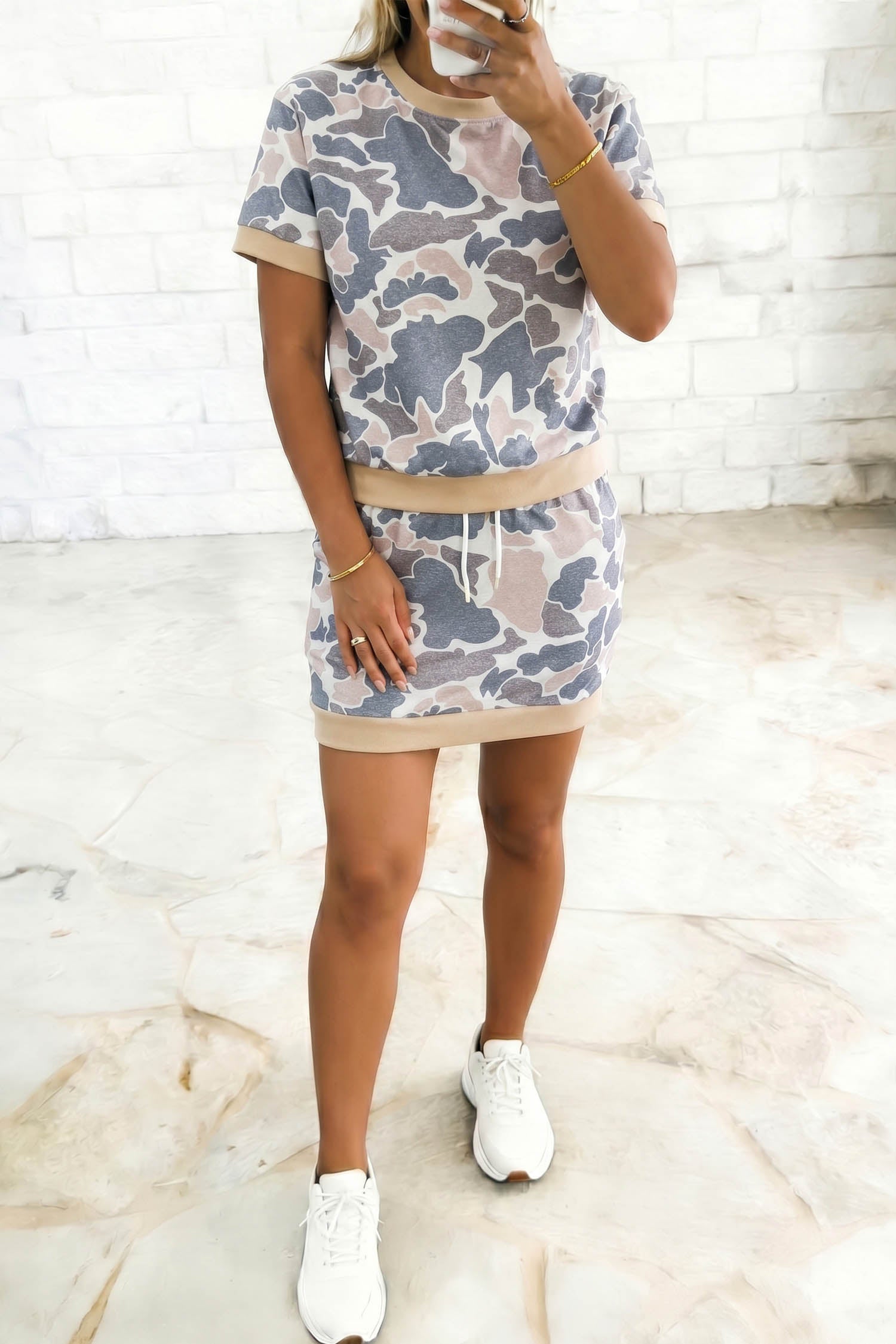 Retro Camo Colour Block Ribbed Trim Top & Skort Set – Multicolour
