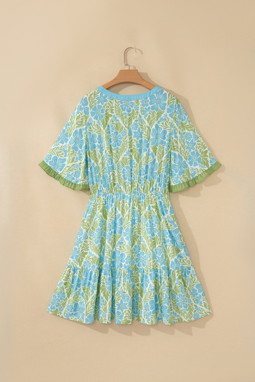 Sky Blue Floral High Waist Ruffle Short Sleeve Mini Dress S-XL