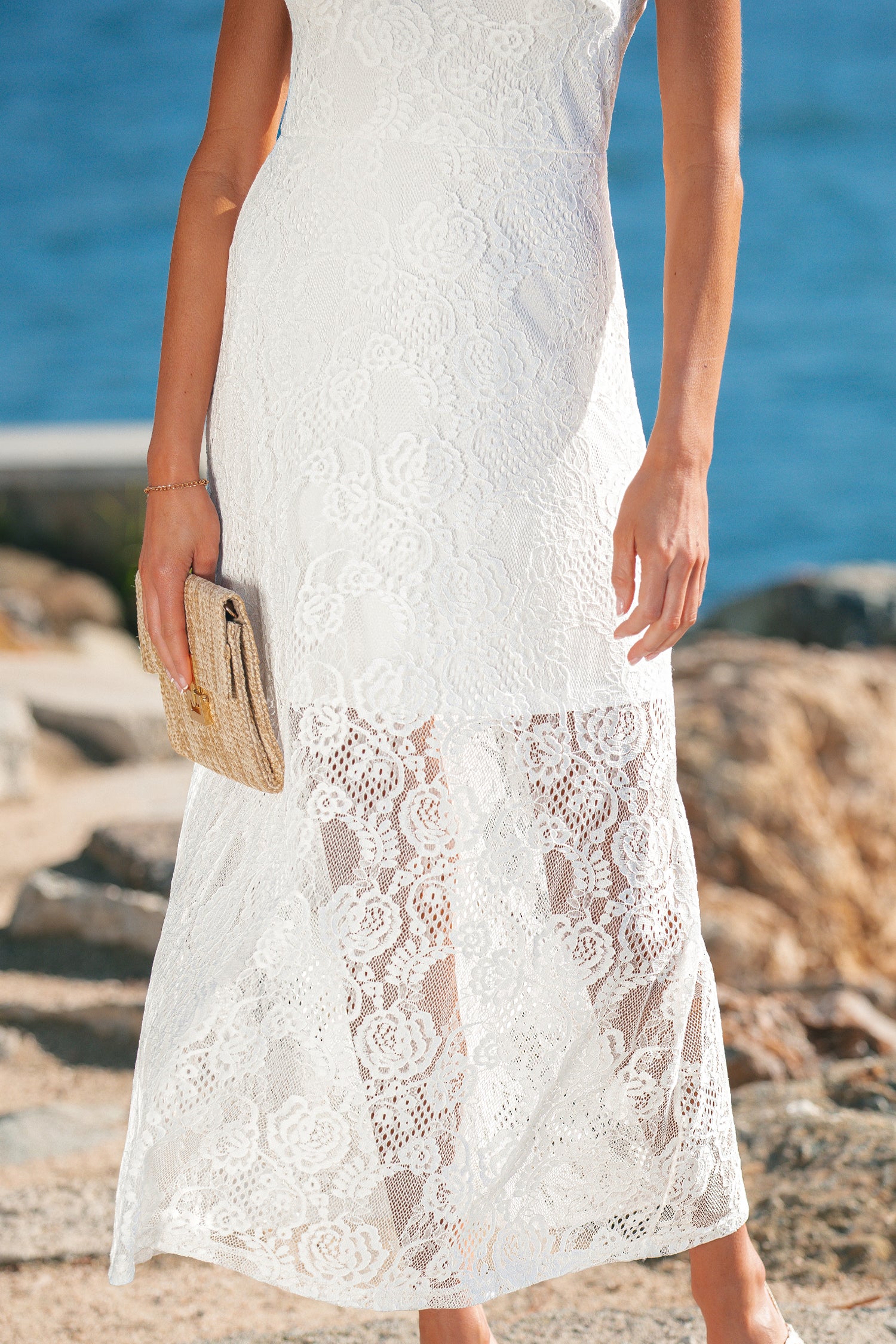 White Floral Lace Overlay Tie Spaghetti Strap Long Dress S-XL