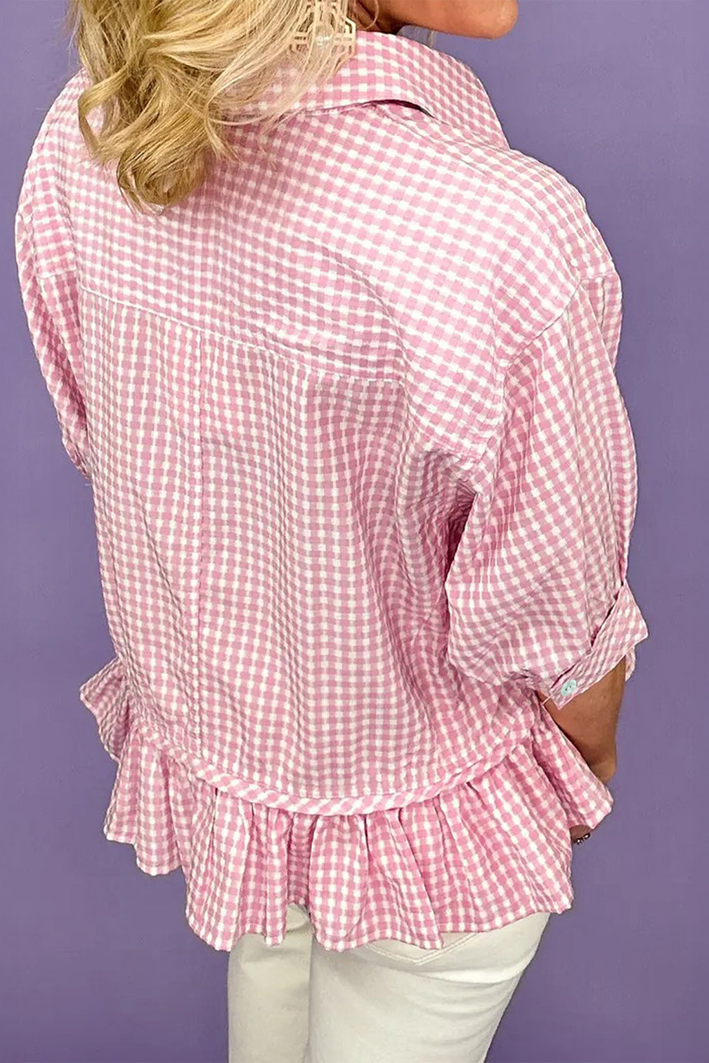 Pink Plaid Ruffle Hem Half Sleeve Button Down Shirt | S-XL