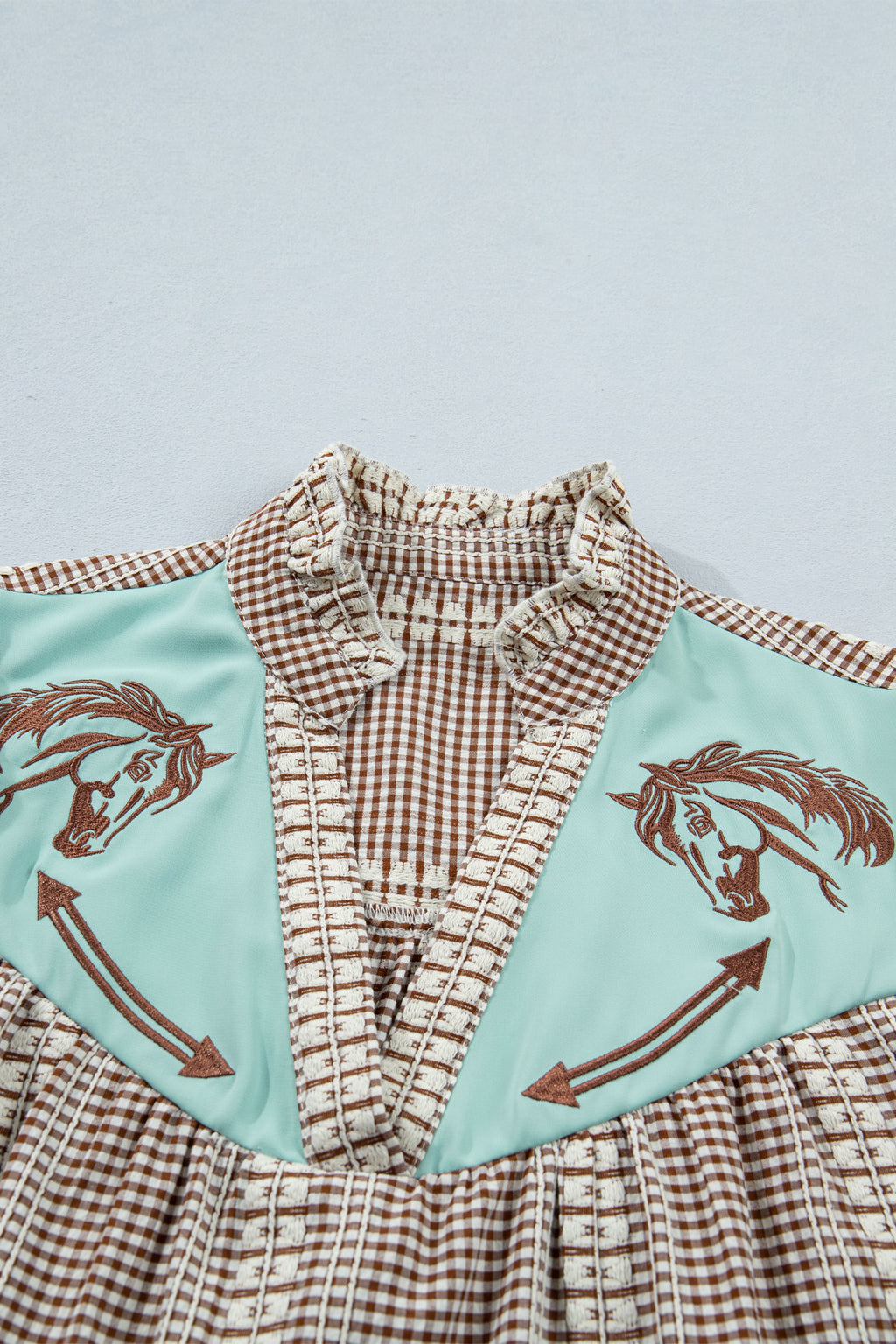 Shop Red Brown Western Gingham Blouse Pony Embroidered Puff Sleeve S-XL at LivelyLooks