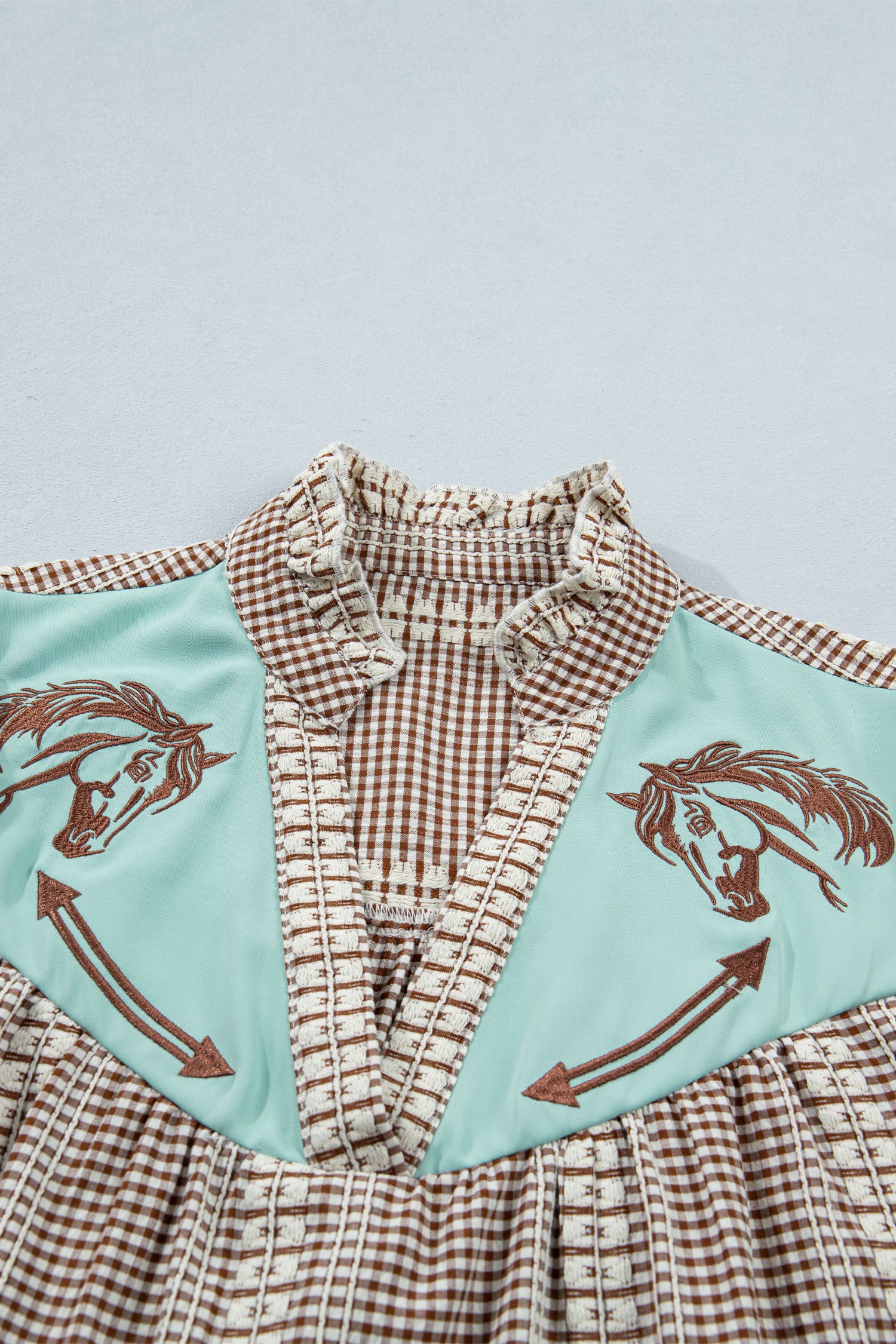 Shop Red Brown Western Gingham Blouse Pony Embroidered Puff Sleeve S-XL at LivelyLooks