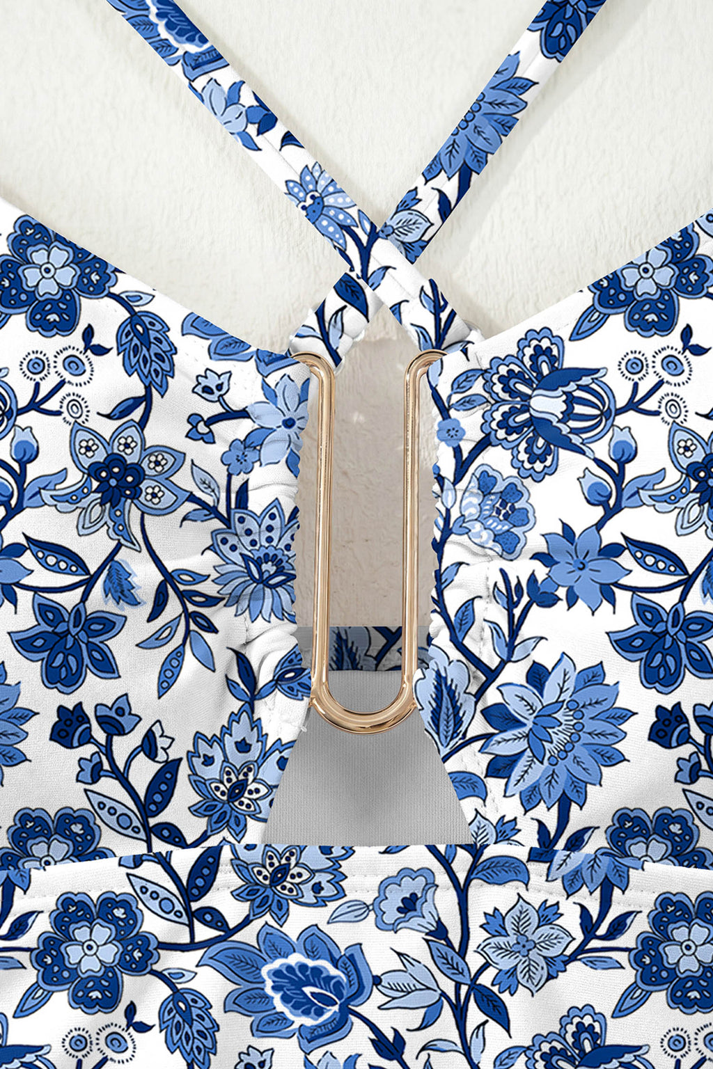 Blue Floral Print Hardware Accent Notched Neck High Waist Bikini Set