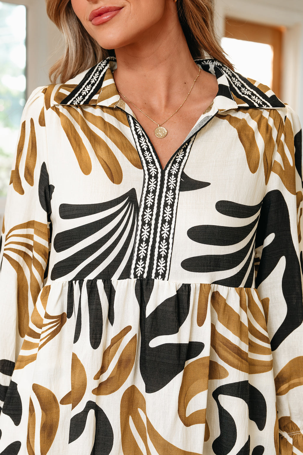 Women's Brown Tropical Printed Contrast Trim Neck Long Sleeve Ruffle Hem Dress at LivelyLooks