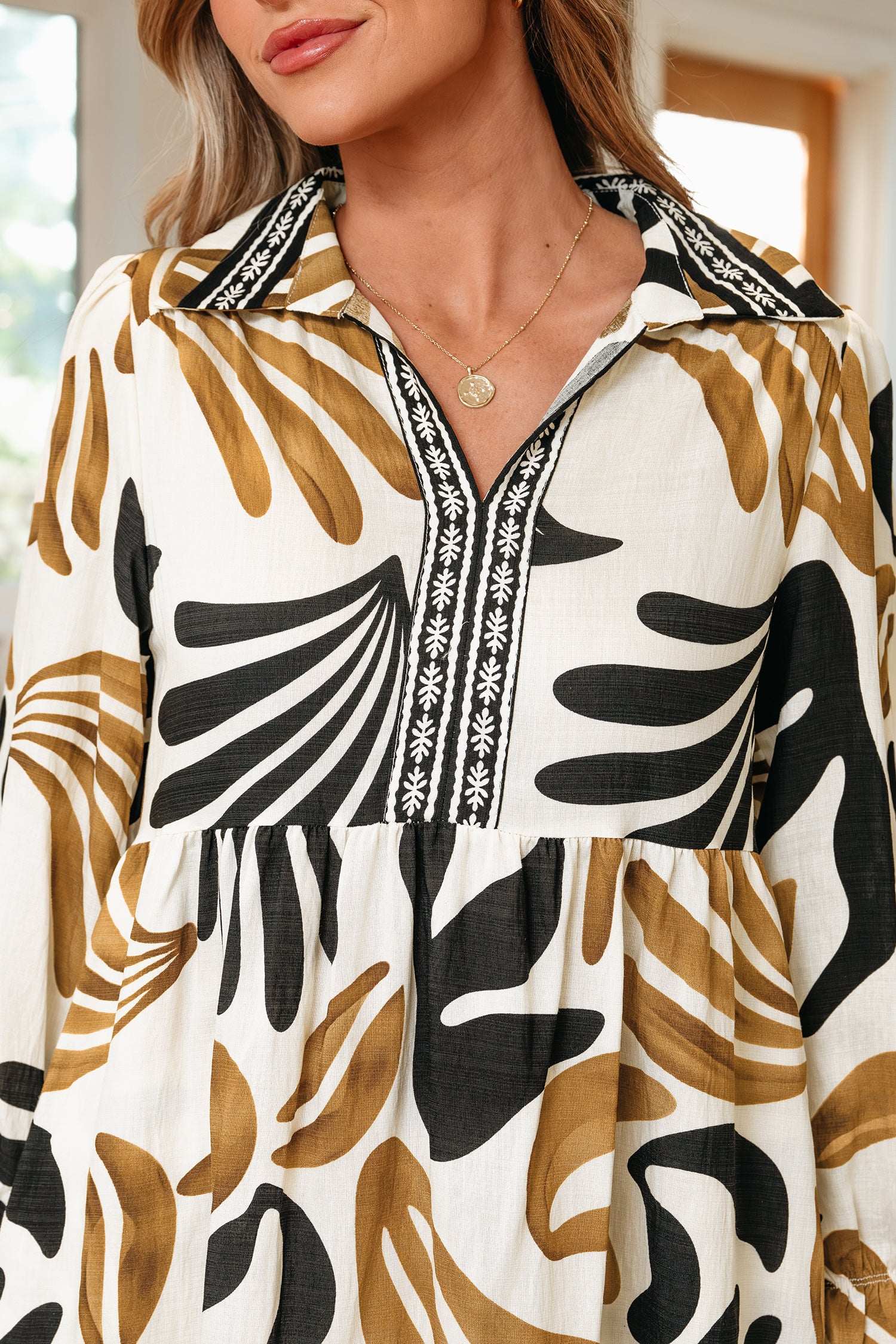 Women's Brown Tropical Printed Contrast Trim Neck Long Sleeve Ruffle Hem Dress at LivelyLooks